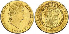 1828. Fernando VII. Madrid. AJ. 2 escudos. (Cal. 225). 6,73 g. Bella. Brillo original. Escasa y más así. EBC-/EBC.