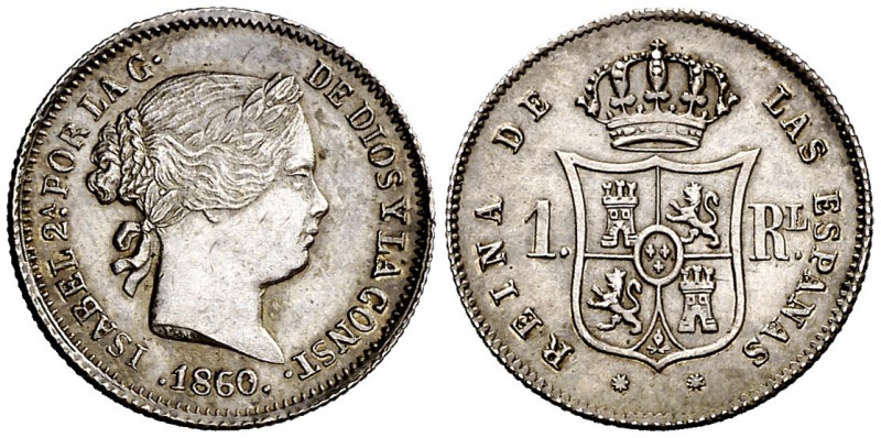 1860. Isabel II. Barcelona. 1 real. (Cal. 404). 1,29 g. Bella. Brillo original. ...