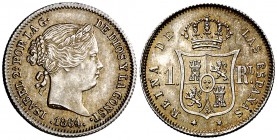 1864. Isabel II. Madrid. 1 real. (Cal. 426). 1,29 g. Bellísima. Preciosa pátina irisada. Rara así. S/C.