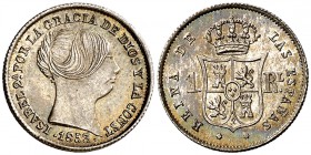 1853. Isabel II. Sevilla. 1 real. (Cal. 435). 1,28 g. Pátina irisada. Muy bella. Escasa así. S/C-.