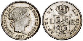 1857. Isabel II. Sevilla. 1 real. (Cal. 438). 1,30 g. Bella. Pleno brillo original. Escasa y más así. S/C.