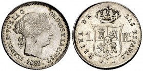 1859. Isabel II. Sevilla. 1 real. (Cal. 440). 1,33 g. Bella. Brillo original. Rara y más así. S/C-.
