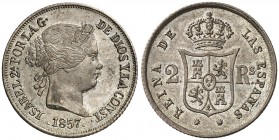 1857. Isabel II. Barcelona. 2 reales. (Cal. 347). 2,63 g. Bella. Brillo original. Ex Colección Anastasia de Quiroga 28/04/2011, nº 291. Rara así. S/C-...