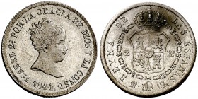 1844/3. Isabel II. Madrid. CL. 2 reales. (Cal. 358 var). 2,98 g. Manchita en reverso. Parte de brillo original. Bella. Rara así. EBC.