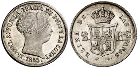 1855. Isabel II. Madrid. 2 reales. (Cal. 366). 2,62 g. Bella. Brillo original. Rara así. EBC+.