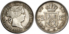 1864. Isabel II. Madrid. 2 reales. (Cal. 372). 2,64 g. Bonito color. Ex Colección Permanyer 28/04/2016, nº 351. Rara y más así. MBC+/EBC-.