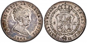 1836. Isabel II. Sevilla. DR. 2 reales. (Cal. 373). 2,98 g. Bella. Brillo original. Rara y más así. EBC+.