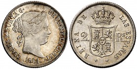 1864. Isabel II. Sevilla. 2 reales. (Cal. 390). 2,55 g. Muy bella. Brillo original. Rara así. S/C.