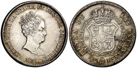 1838. Isabel II. Barcelona. PS. 4 reales. (Cal. 261). 5,90 g. Punto después de ESPAÑAS. Bonita pátina. Mínimas limaduras en borde del reverso. Rara. (...