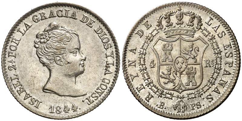 1844. Isabel II. Barcelona. PS. 4 reales. (Cal. 268). 5,90 g. Bella. Gran parte ...