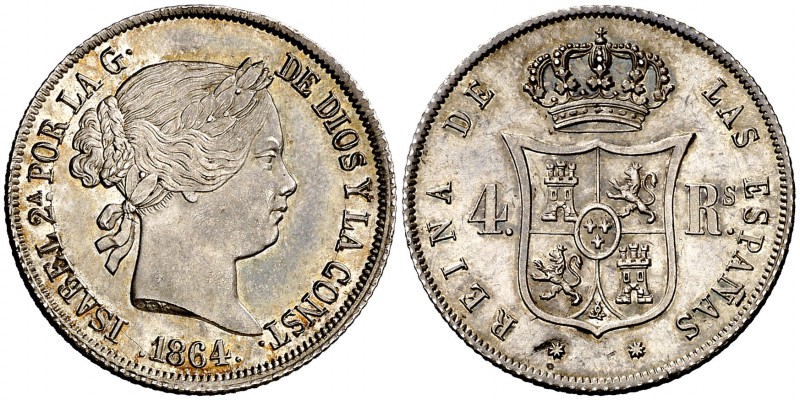 1864. Isabel II. Barcelona. 4 reales. (Cal. 282). 5,18 g. Bella. Precioso color....