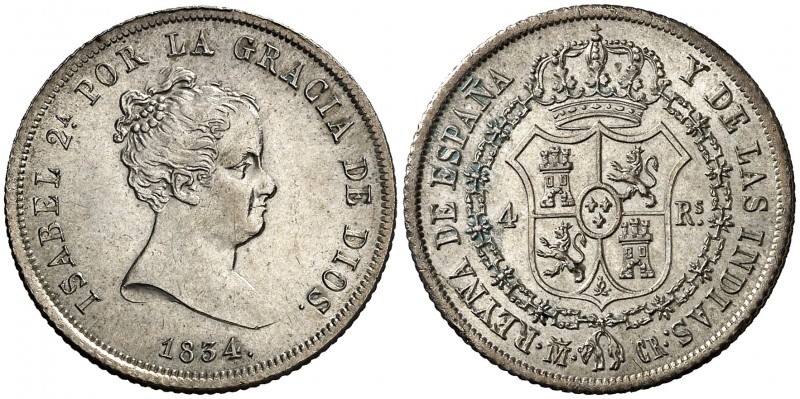 1834. Isabel II. Madrid. CR. 4 reales. (Cal. 284). 6 g. Levísimas rayitas. Bella...