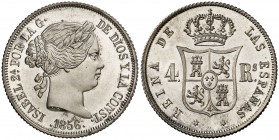 1856. Isabel II. Madrid. 4 reales. (Cal. 303). 5,20 g. Bellísima. Excepcional. Acuñación proof. Rarísima así. Ex Colección Anastasia de Quiroga 28/04/...