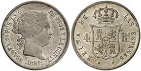 1861. Isabel II. Madrid. 4 reales. (Cal. 307). 5,17 g. Gran parte de brillo original. Ex Colección Anastasia de Quiroga 28/04/2011, nº 383. Escasa MBC...