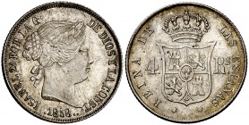 1858. Isabel II. Sevilla. 4 reales. (Cal. 328). 5,19 g. Bella. Brillo original. Rara así. EBC+.