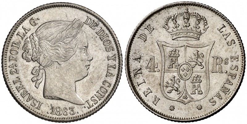 1863. Isabel II. Sevilla. 4 reales. (Cal. 333). 5,20 g. Levísimas rayitas. Brill...