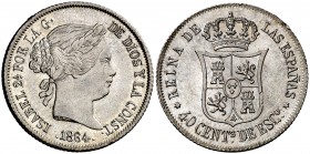 1864. Isabel II. Madrid. 40 céntimos de escudo. (Cal. 336). 5,12 g. Bella. Brillo original. Escasa así. EBC+.