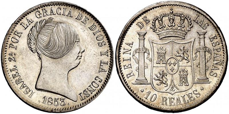 1853. Isabel II. Madrid. 10 reales. (Cal. 223). 12,94 g. Bella. Brillo original....