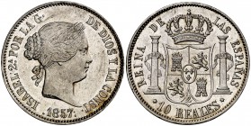 1857. Isabel II. Madrid. 10 reales. (Cal. 226). 12,82 g. Mínimo golpecito. Bella. Brillo original. Rara así. EBC+.