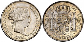 1864. Isabel II. Madrid. 10 reales. (Cal. 233). 12,92 g. Bella. Brillo original. Rara así. EBC+.