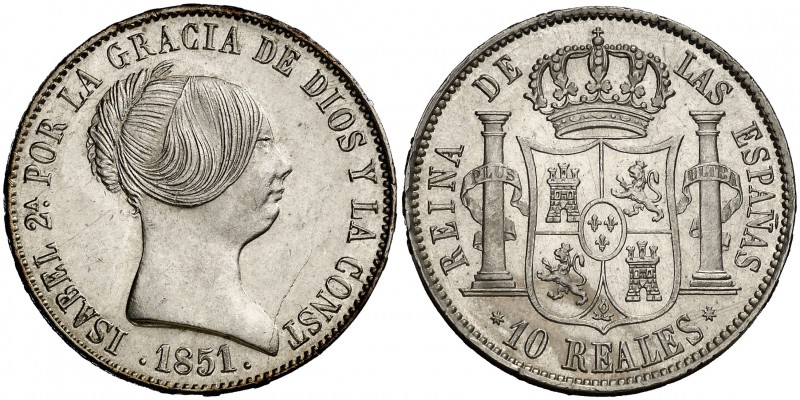 1851. Isabel II. Sevilla. 10 reales. (Cal. 237). 12,93 g. Rayita del cuño. Bellí...