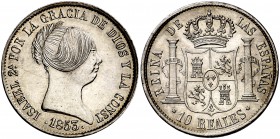 1853/2. Isabel II. Sevilla. 10 reales. (Cal. 239). 12,99 g. Insignificantes golpecitos. Muy bella. Ex Áureo 17/10/2001, nº 1777. Rara así. S/C-.
