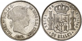 1862. Isabel II. Barcelona. 20 reales. (Cal. 156). 25,87 g. Leve golpecito. Atractiva. Rara. EBC-.
