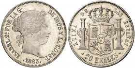 1863. Isabel II. Barcelona. 20 reales. (Cal. 157). 25,92 g. Bella. Brillo original. Muy rara y más así. EBC+.
