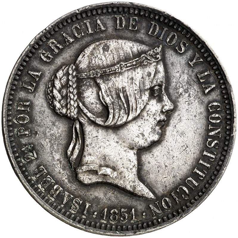1851. Isabel II. 20 reales. 9,57 g. Prueba de anverso de Fernández Pescador, en ...
