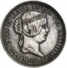 1851. Isabel II. 20 reales. 9,57 g. Prueba de anverso de Fernández Pescador, en metal blanco. Ex Colección Elariz. Rara. MBC.