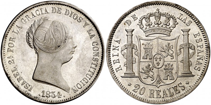 1854. Isabel II. Madrid. 20 reales. (Cal. 174). 25,92 g. Bella. Brillo original....