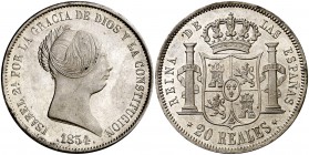 1854. Isabel II. Madrid. 20 reales. (Cal. 174). 25,92 g. Bella. Brillo original. Escasa así. EBC+.