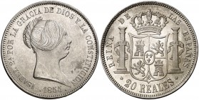 1855. Isabel II. Madrid. 20 reales. (Cal. 175). 25,93 g. Bella. Brillo original. Rara así. EBC+/S/C-.