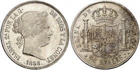 1856. Isabel II. Madrid. 20 reales. (Cal. 178). 25,89 g. Golpecito en canto. Bella. Brillo original. Escasa así. EBC/EBC+.