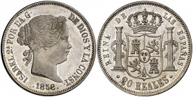 1858. Isabel II. Madrid. 20 reales. (Cal. 180). 26,12 g. Bella. Pleno brillo original. Escasa así. EBC+.