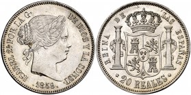 1859. Isabel II. Madrid. 20 reales. (Cal. 181). 25,86 g. Leves marquitas. Bella. Rara así. EBC+.