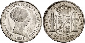 1852. Isabel II. Sevilla. 20 reales. (Cal. 191). 26,06 g. Golpecito en borde del reverso. Parte de brillo original. EBC-/EBC.