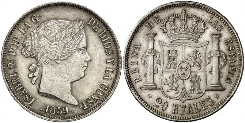 1859. Isabel II. Sevilla. 20 reales. (Cal. 197). 25,83 g. Golpecito. Bella. Part...
