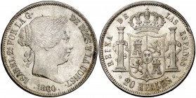 1860. Isabel II. Sevilla. 20 reales. (Cal. 198). 26 g. Bella. Rara así. EBC/EBC+.