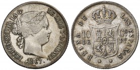 1867. Isabel II. Manila. 10 centavos. (Cal. 464). 2,55 g. Gran parte de brillo original. Bella. Ex Colección Anastasia de Quiroga 28/04/2011, nº 519. ...