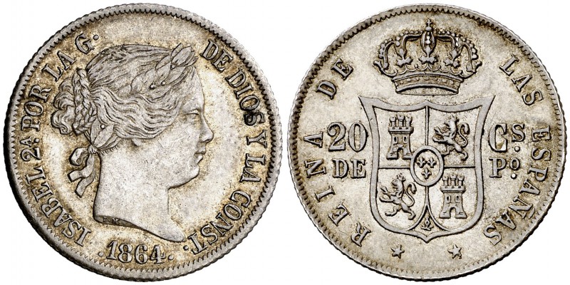1864. Isabel II. Manila. 20 centavos. (Cal. 456). 5,24 g. Bella. Parte de brillo...
