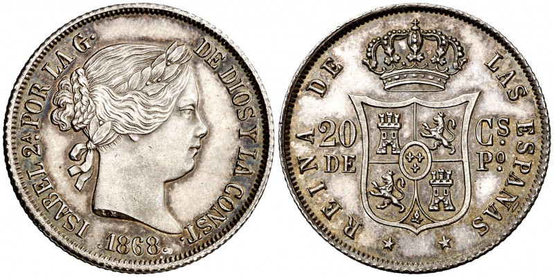 1868. Isabel II. Manila. 20 centavos. (Cal. 460). 5,16 g. Muy bella. Brillo orig...