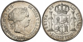 1865. Isabel II. Manila. 50 centavos. (Cal. 452). 12,92 g. Ligeramente limpiada. Bella. Rara así. Ex Colección O'Callaghan 10/11/2016, nº 460. EBC.