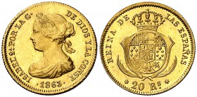 1863/1. Isabel II. Madrid. 20 reales. (Cal. 121). 1,69 g. Muy bella. Brillo original. Muy rara y más así. EBC+.
