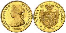 1868*68. Isabel II. Madrid. 2 escudos. (Cal. 123). 1,67 g. Muy bella. Brillo original. Rara y más así. EBC+.