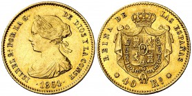 1864. Isabel II. Barcelona. 40 reales. (Cal. 101, indica rarísima, sin precio). 3,37 g. MBC+.
