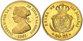 1861. Isabel II. Madrid. 40 reales. (Cal. 102). 3,36 g. Bella. Brillo original. Rarísima y más así. S/C.