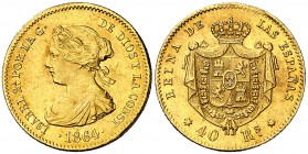1864. Isabel II. Sevilla. 40 reales. (Cal. 107). 3,34 g. Preciosa pátina. Muy rara. MBC+.