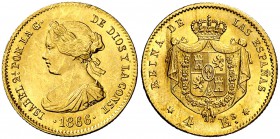 1866. Isabel II. Madrid. 4 escudos. (Cal. 109). 3,32 g. Bella. Parte de brillo original. EBC.