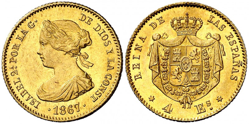 1867/6. Isabel II. Madrid. 4 escudos. (Cal. 110). 3,38 g. Bella. Brillo original...